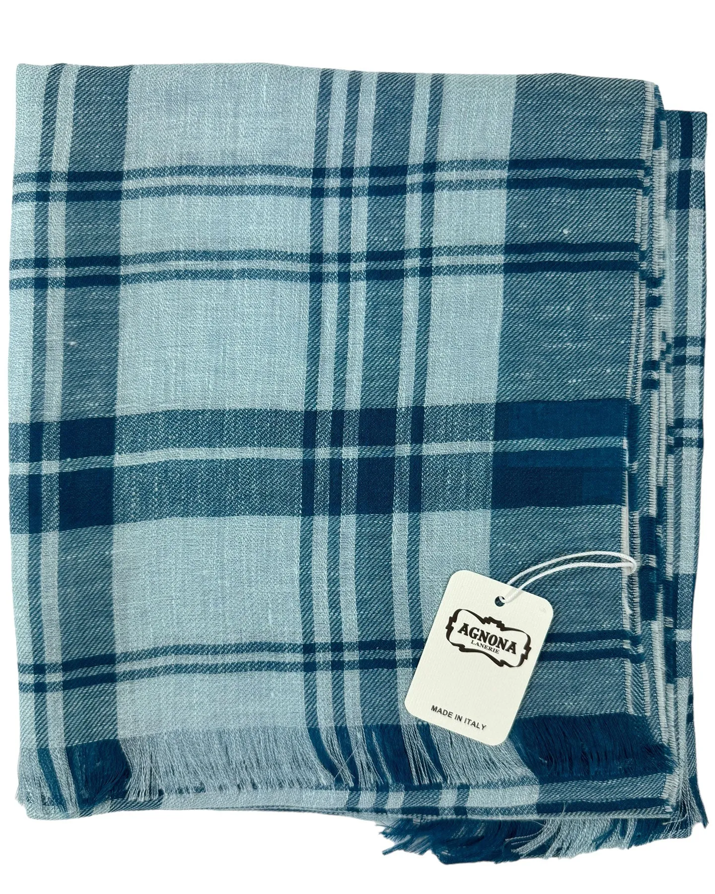 Agnona Scarf Teal Sky Blue Plaid Check - Luxury Linen Cashmere Silk Shawl