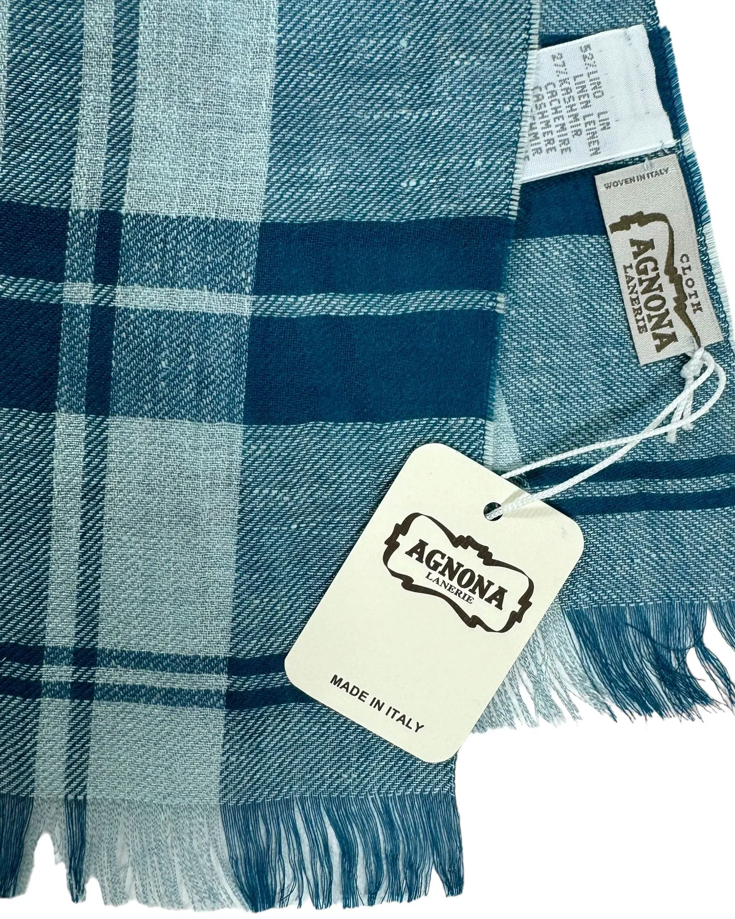 Agnona Scarf Teal Sky Blue Plaid Check - Luxury Linen Cashmere Silk Shawl