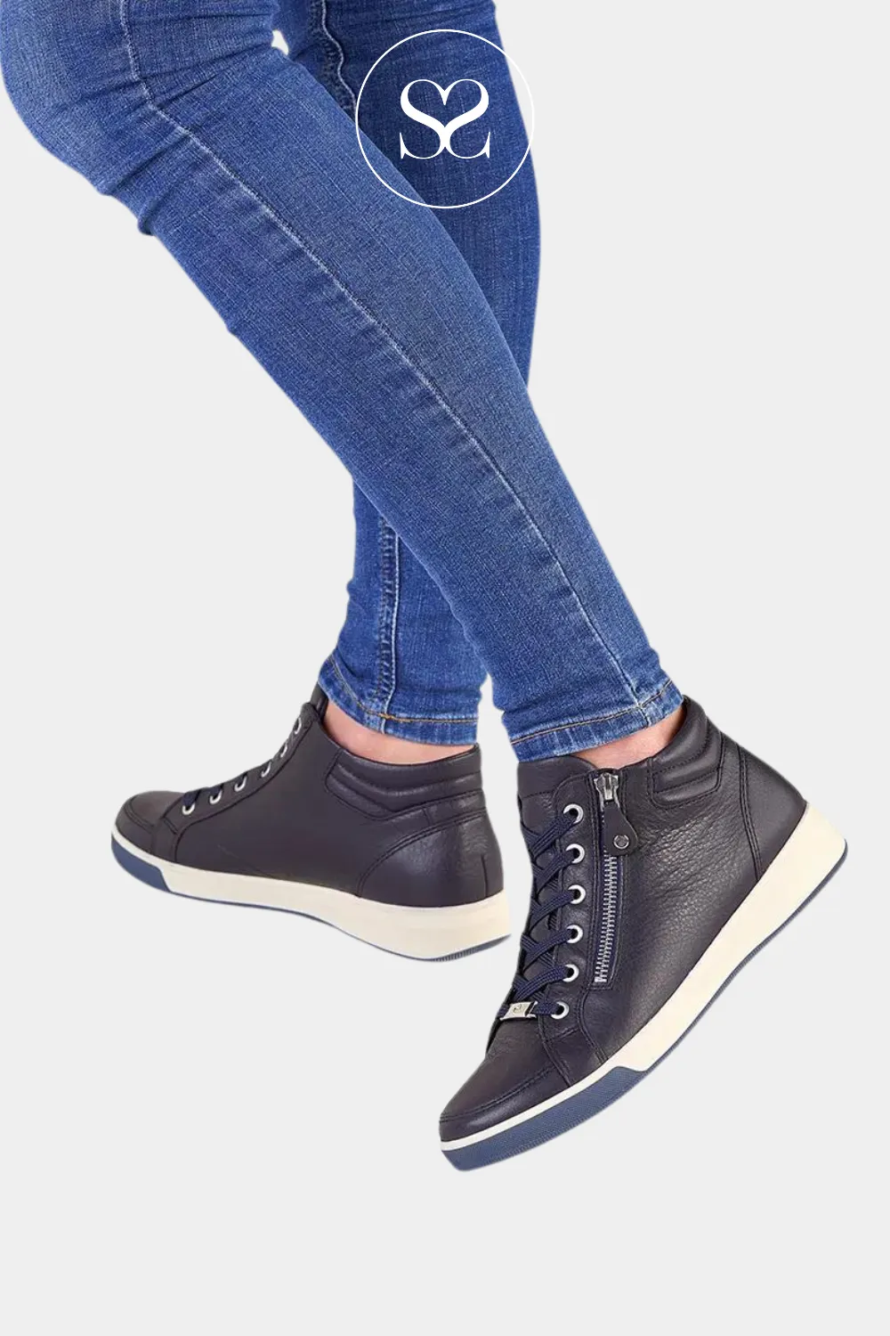 ARA 12-44499 NAVY LEATHER HIGH TOP TRAINER BOOTS