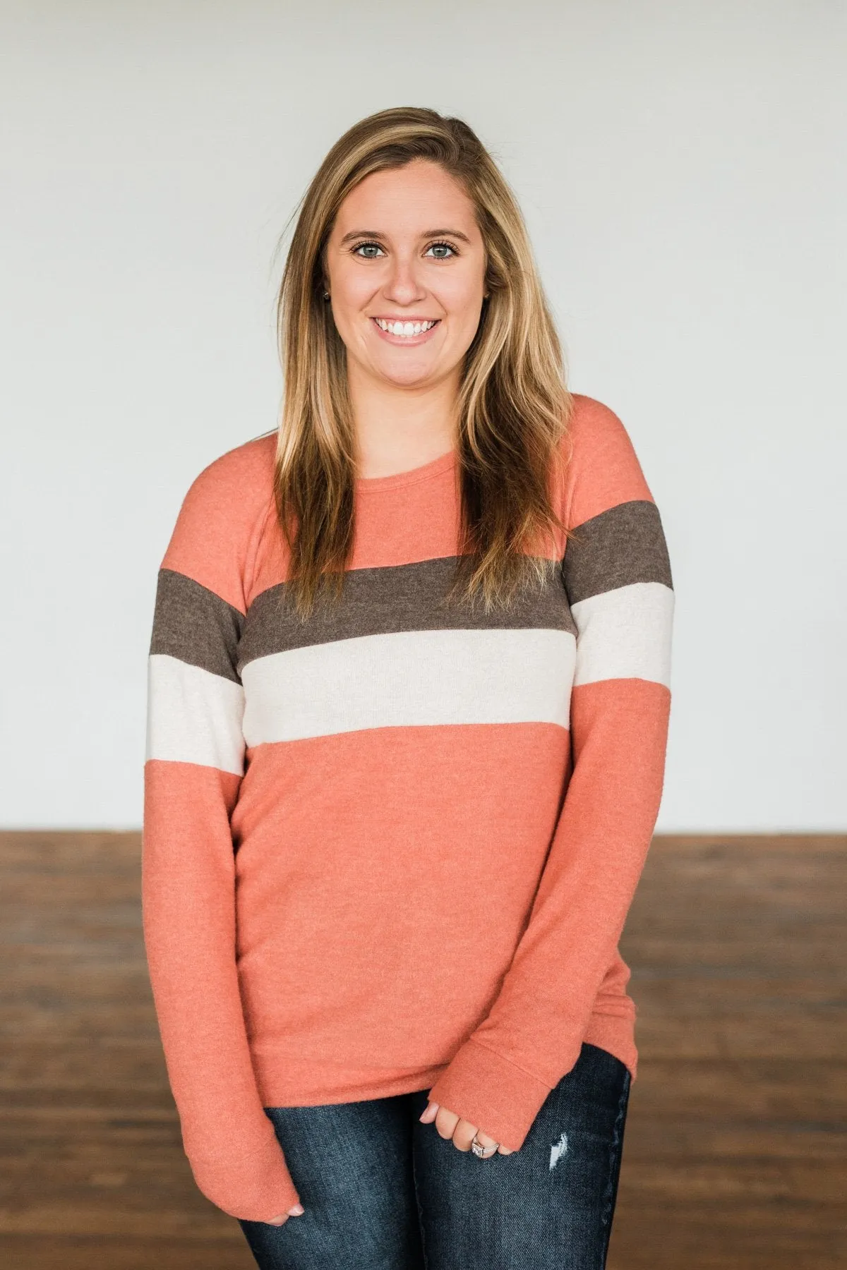 Autumn In The Air Color Block Pullover Top- Light Orange