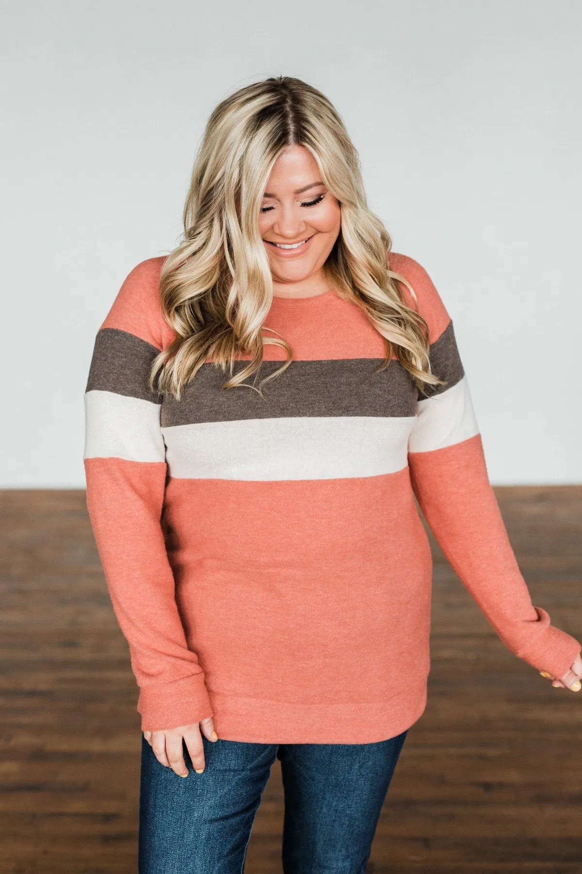 Autumn In The Air Color Block Pullover Top- Light Orange