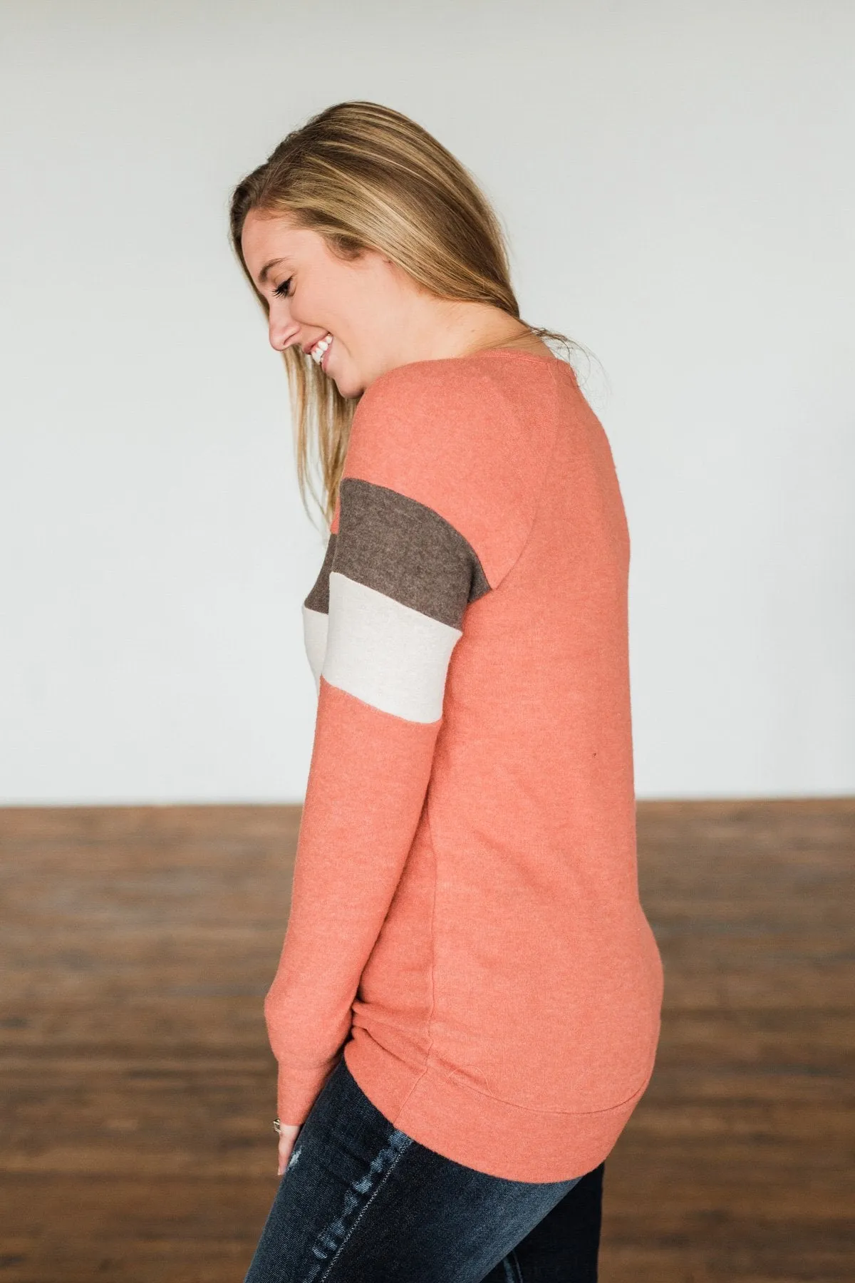 Autumn In The Air Color Block Pullover Top- Light Orange