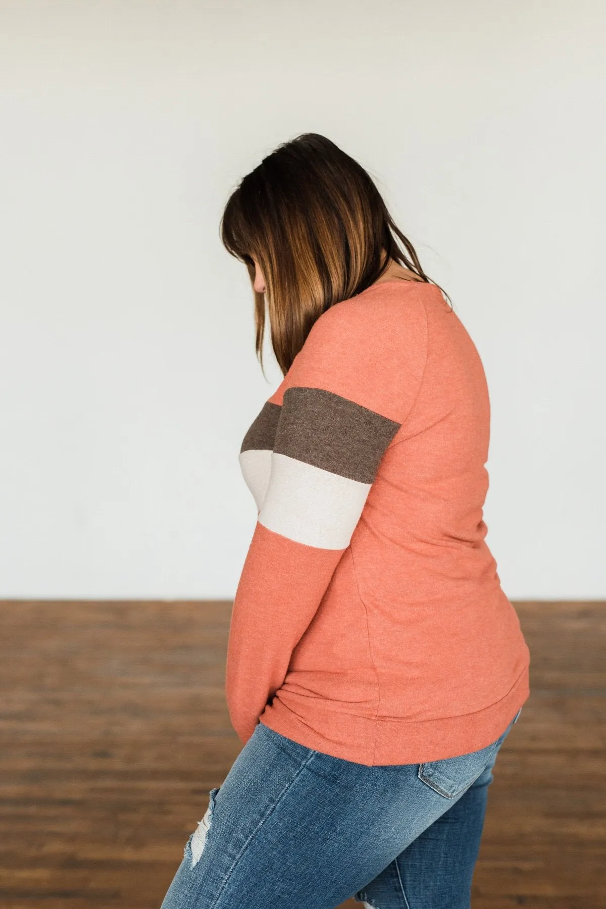 Autumn In The Air Color Block Pullover Top- Light Orange