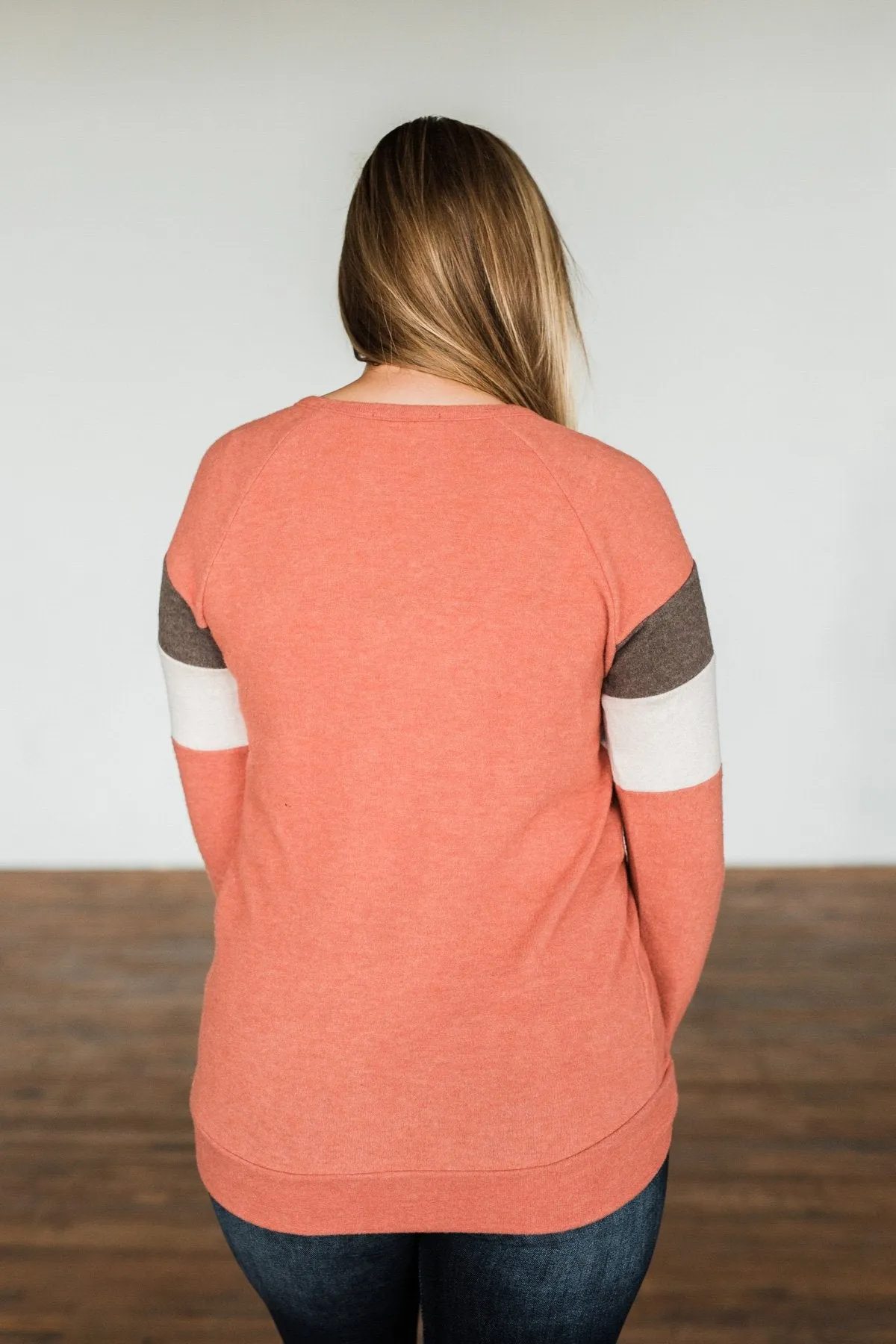 Autumn In The Air Color Block Pullover Top- Light Orange