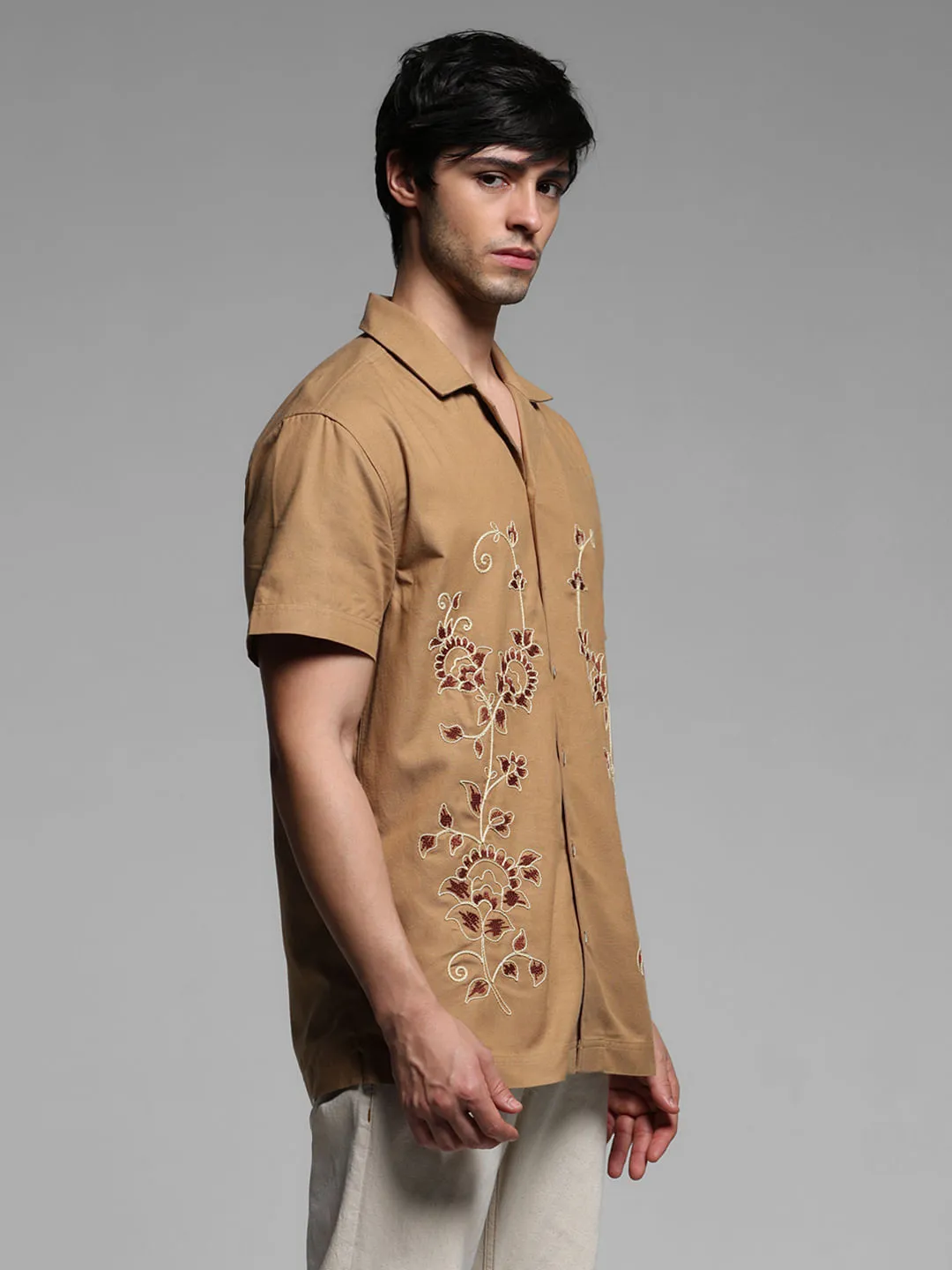 Beige Embroidered Cotton Shirt