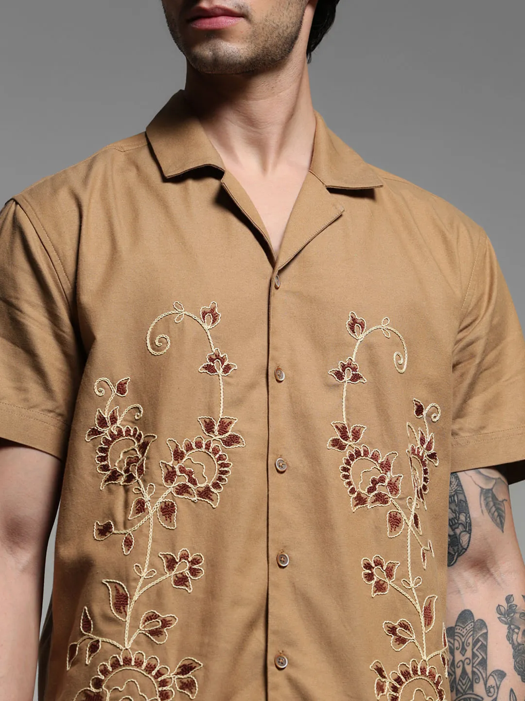 Beige Embroidered Cotton Shirt