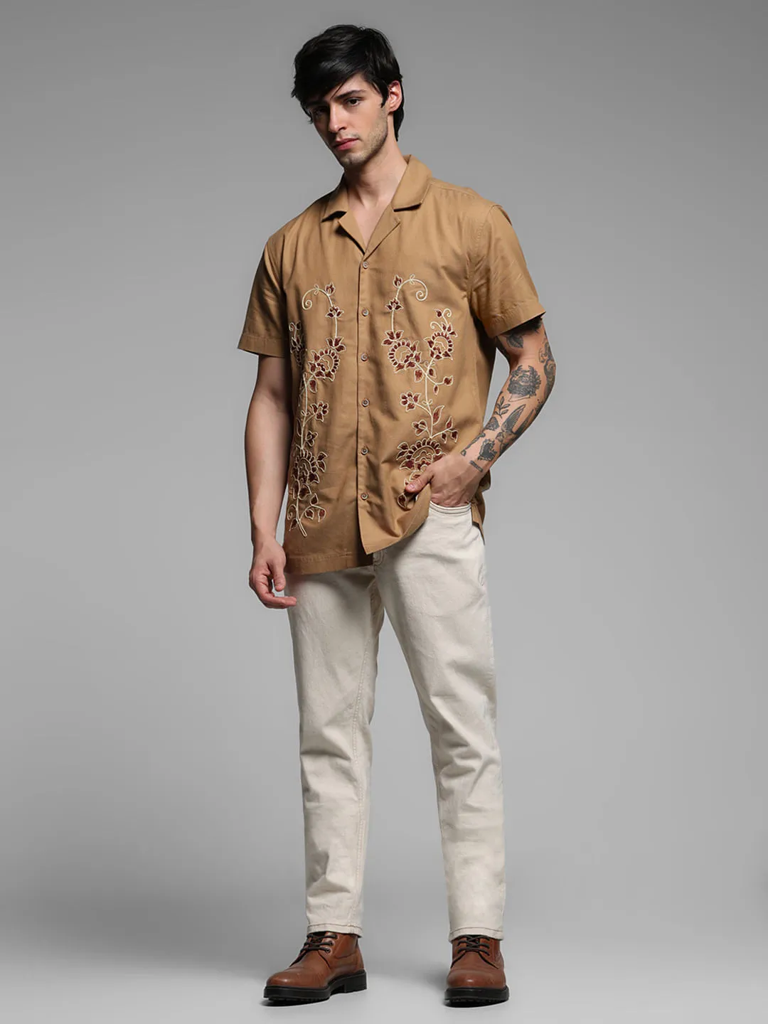 Beige Embroidered Cotton Shirt