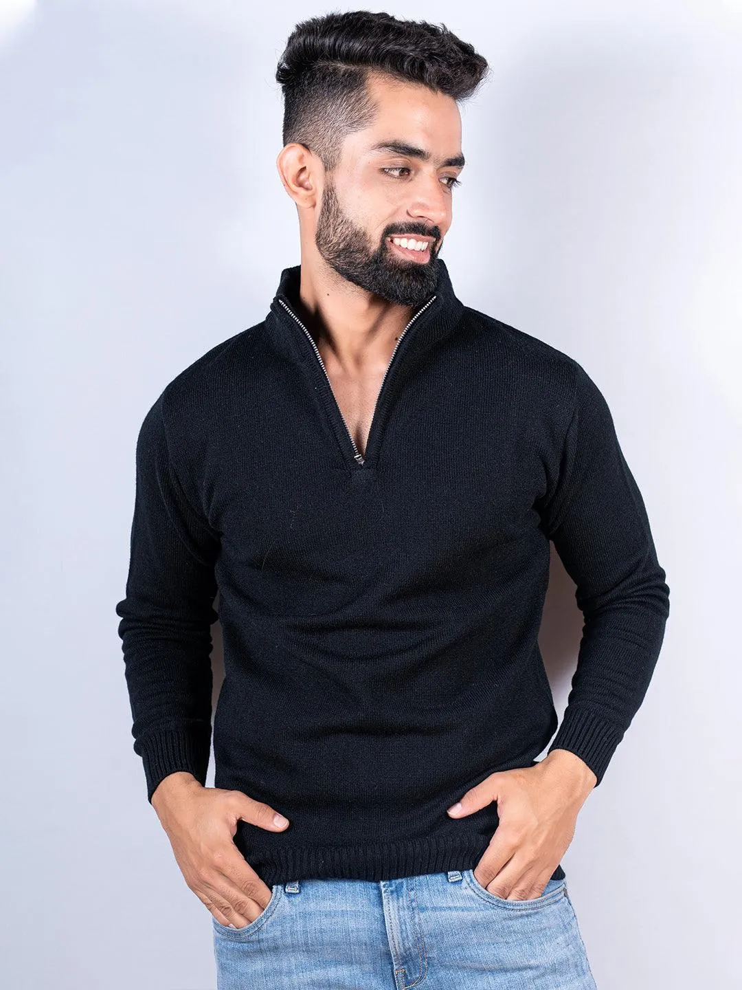 Black Color Classic Zipper Men's Sweater