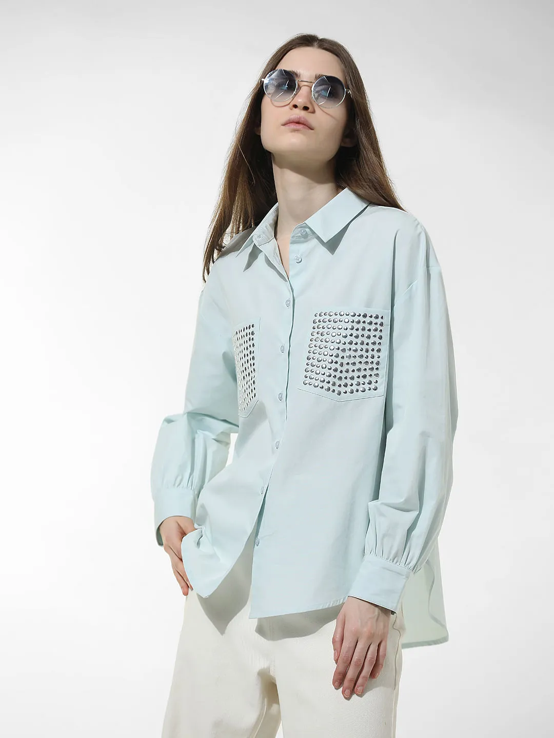 Blue Stud Detail Cotton Shirt