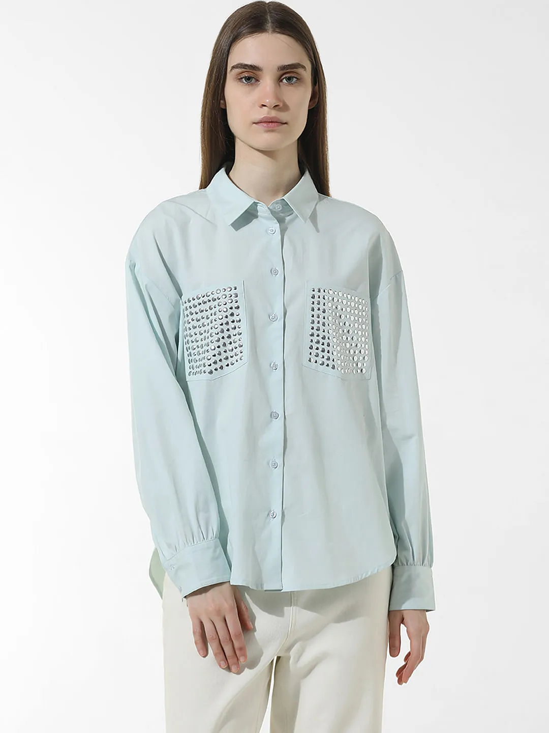 Blue Stud Detail Cotton Shirt