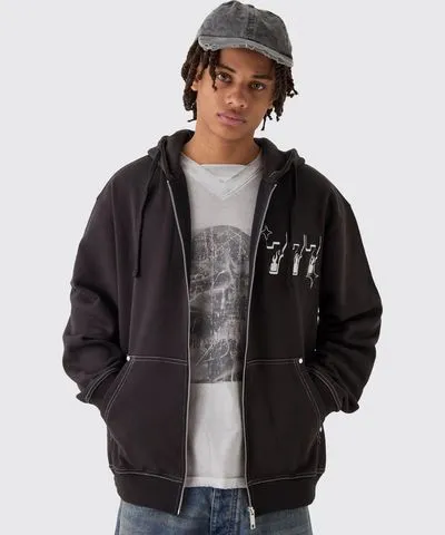 boohooMAN Mens Oversized 777 Embroidery Zip Through Hoodie