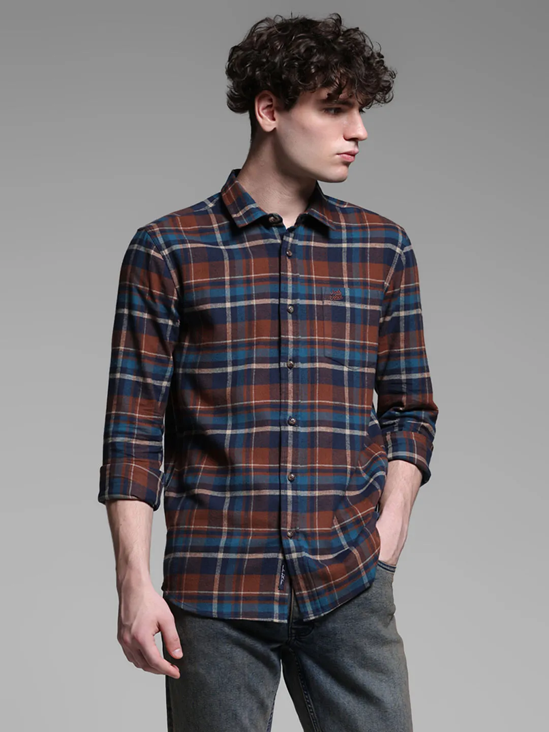 Brown Check Print Cotton Shirt