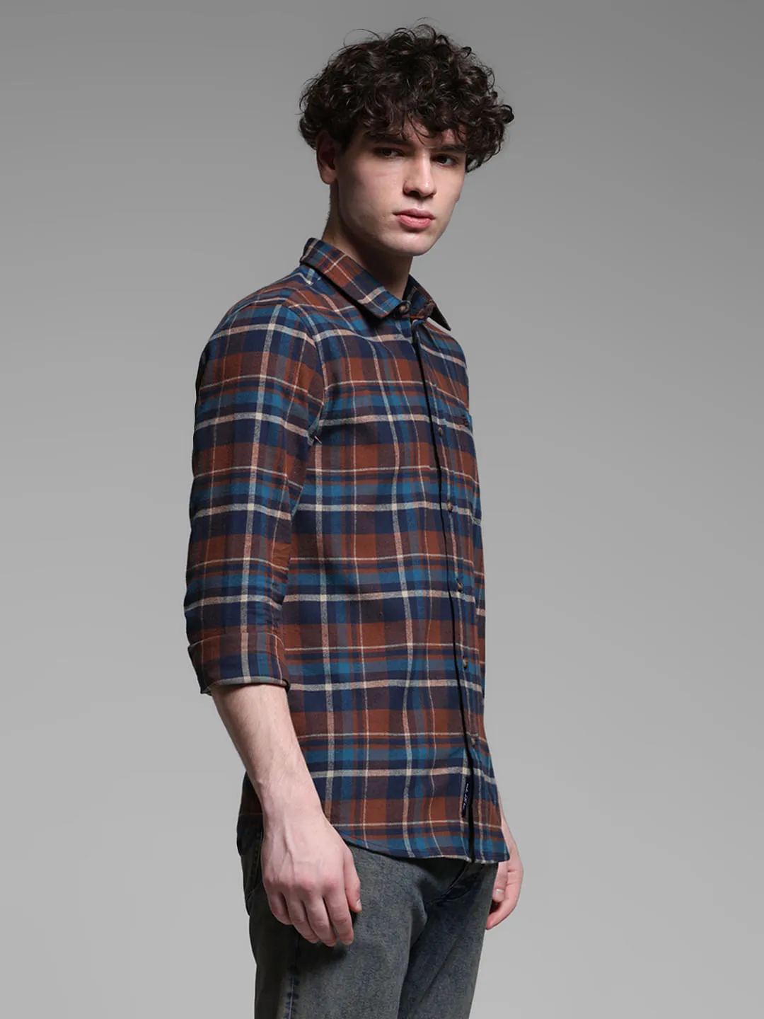 Brown Check Print Cotton Shirt