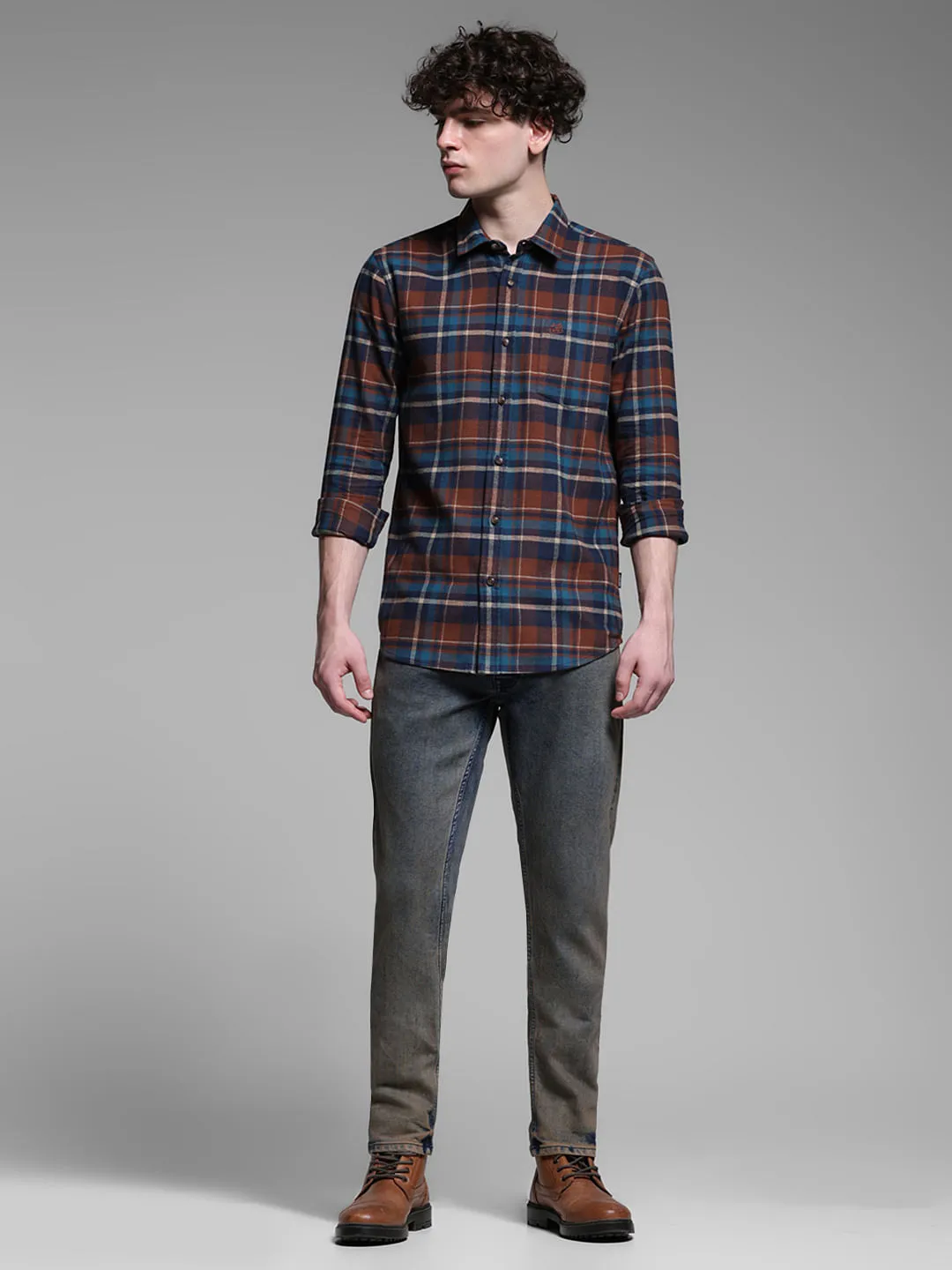 Brown Check Print Cotton Shirt