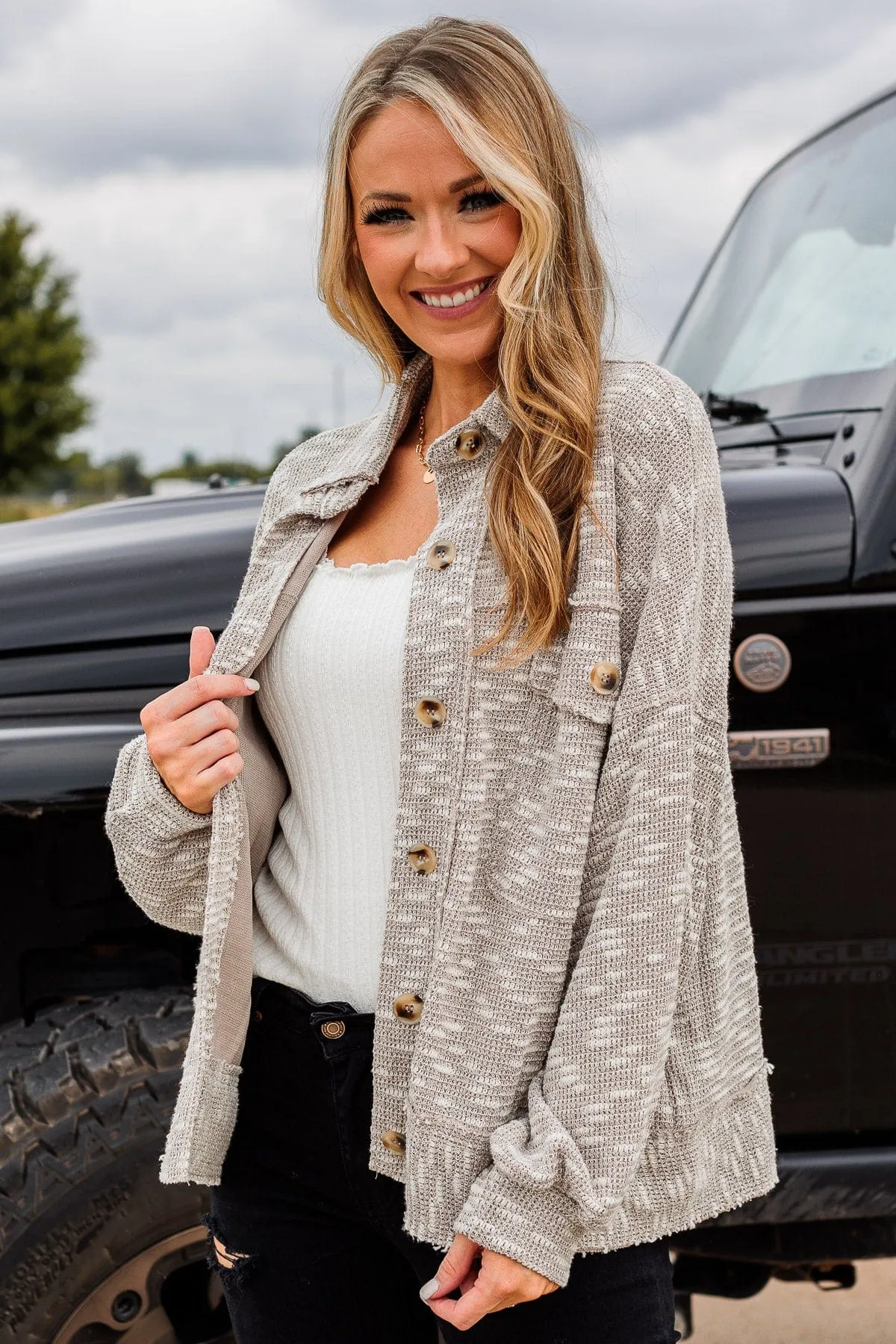 Dare To Begin Knit Shirt Jacket- Light Taupe