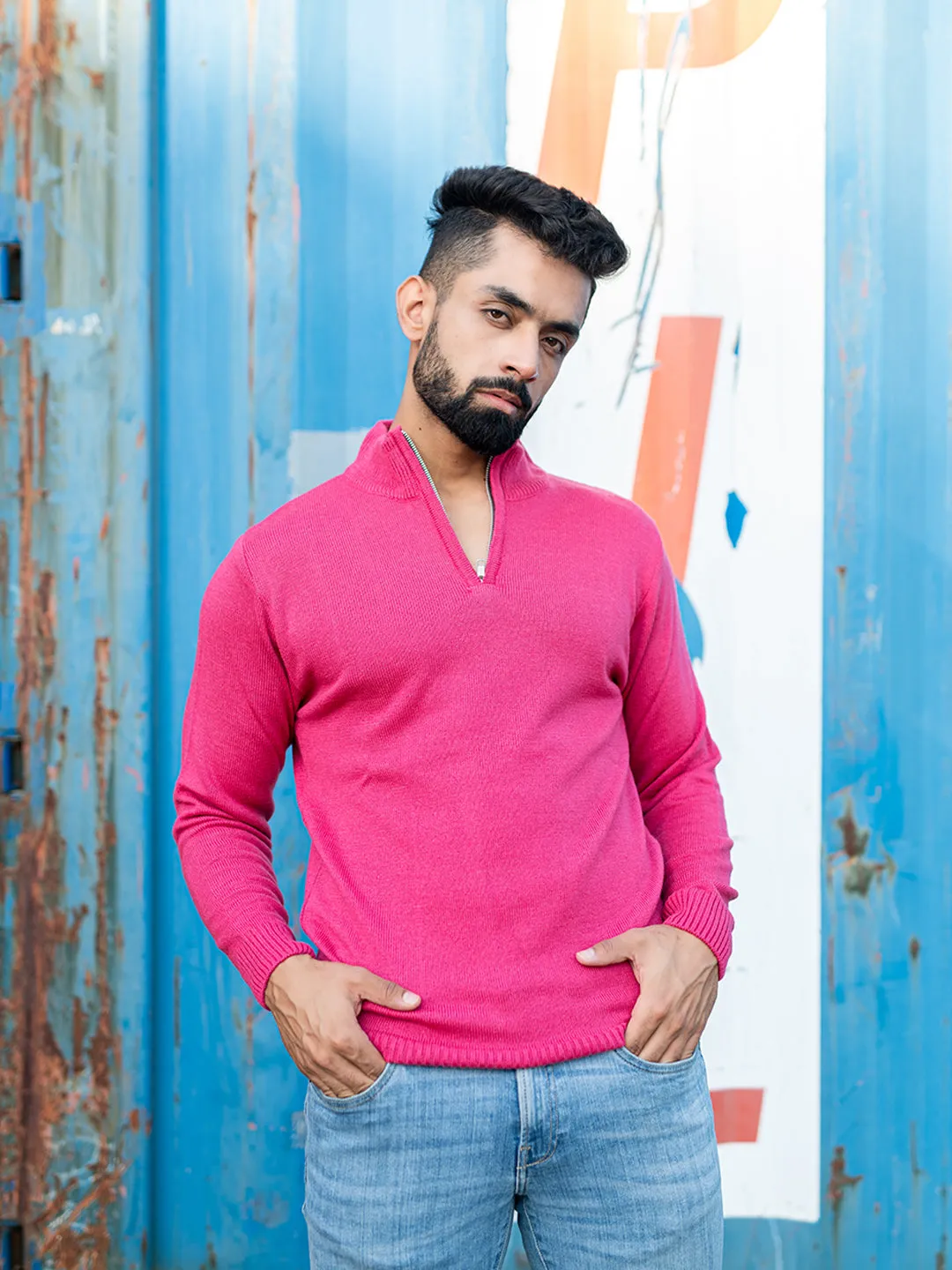 Dark Pink Color Classic Zipper Men's Sweater