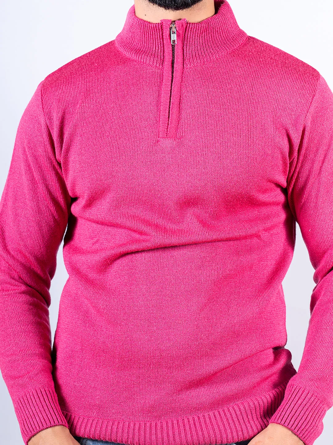 Dark Pink Color Classic Zipper Men's Sweater