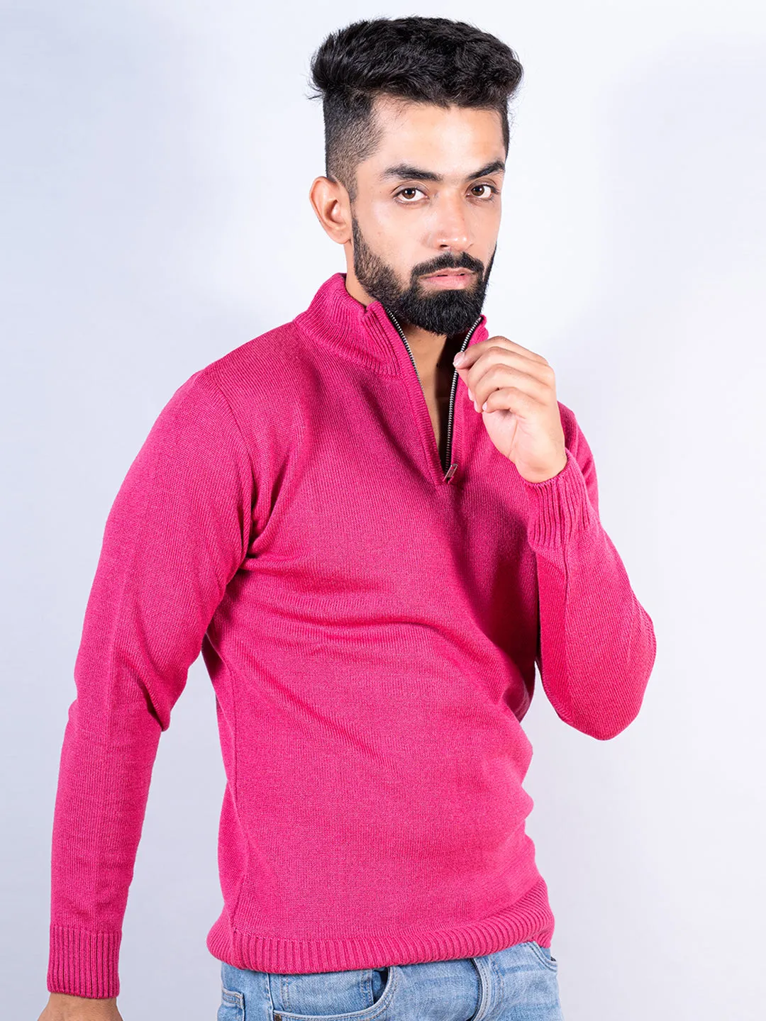 Dark Pink Color Classic Zipper Men's Sweater