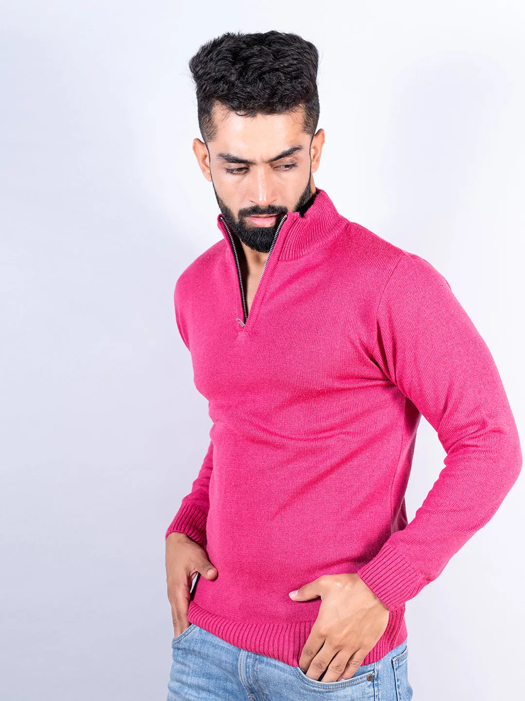 Dark Pink Color Classic Zipper Men's Sweater