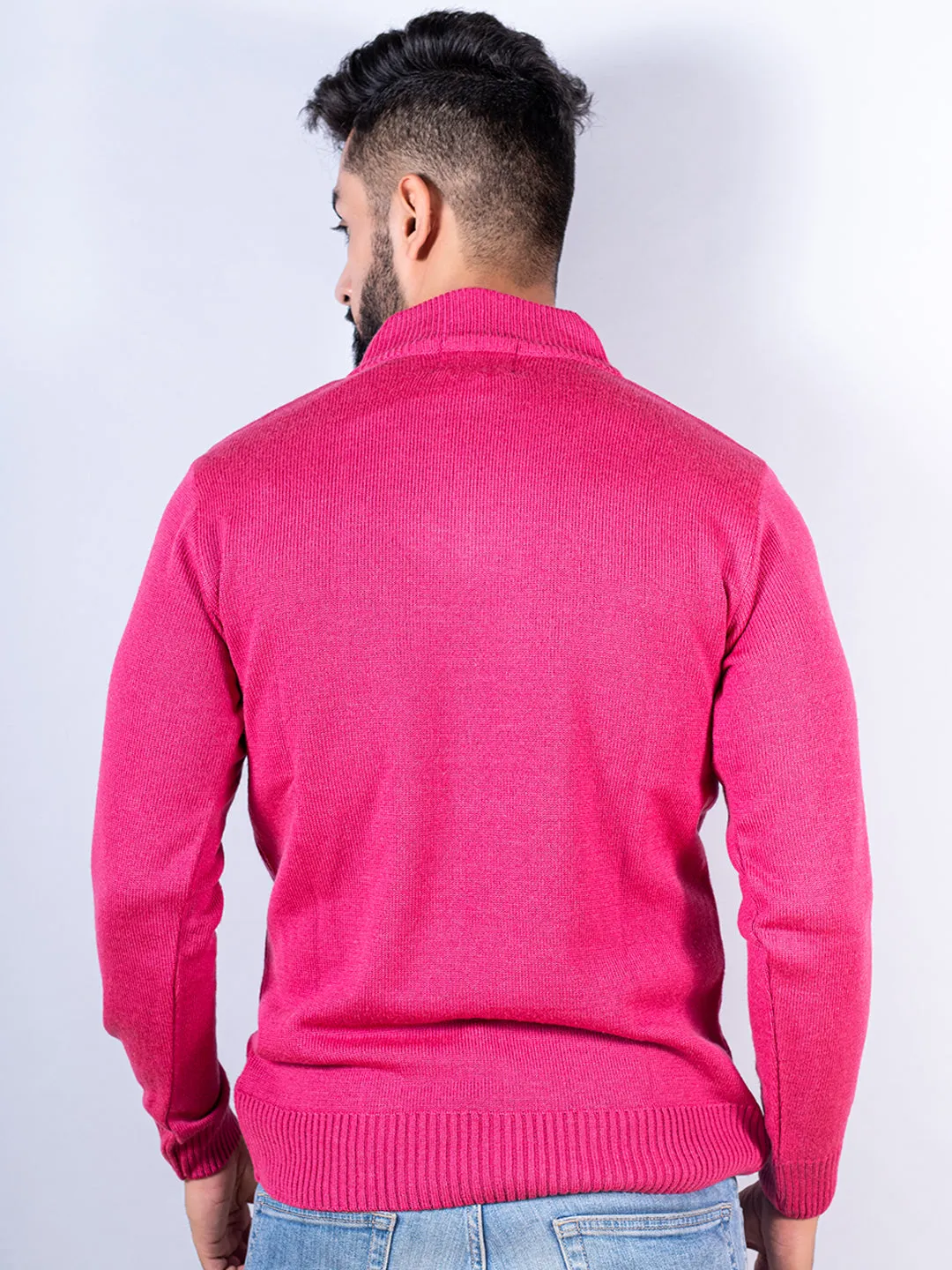 Dark Pink Color Classic Zipper Men's Sweater