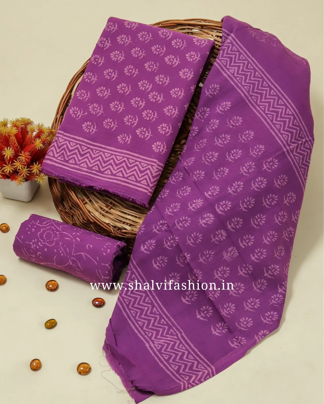 Elegant Hand Block Print Cotton Suit Set with Mulmul Dupatta (COT56)