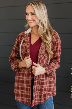 Falling Again Plaid Hooded Top- Burgundy