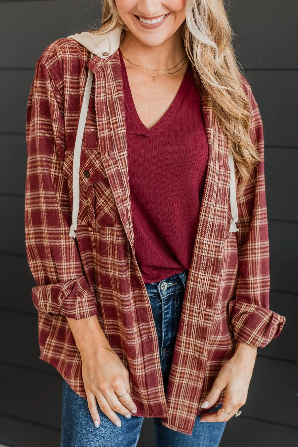 Falling Again Plaid Hooded Top- Burgundy