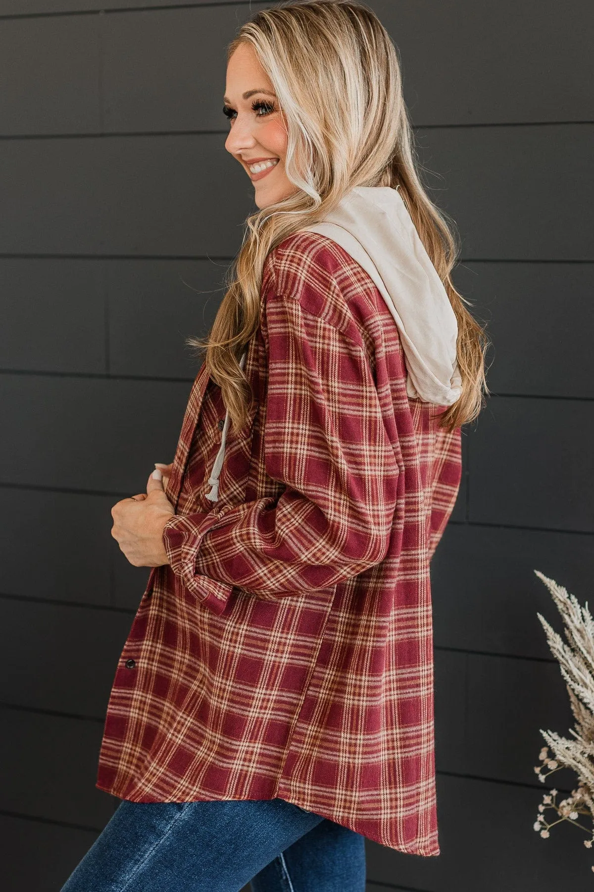 Falling Again Plaid Hooded Top- Burgundy