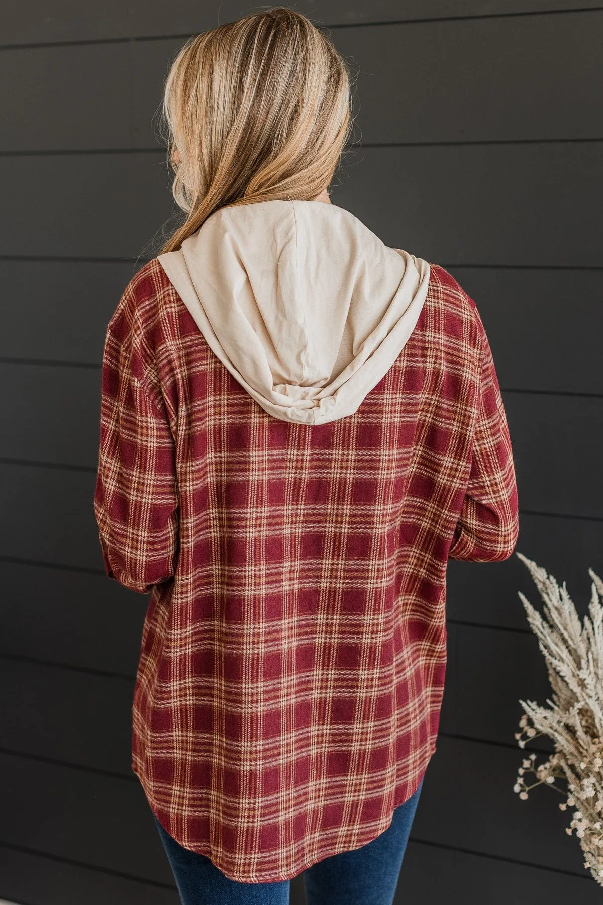 Falling Again Plaid Hooded Top- Burgundy