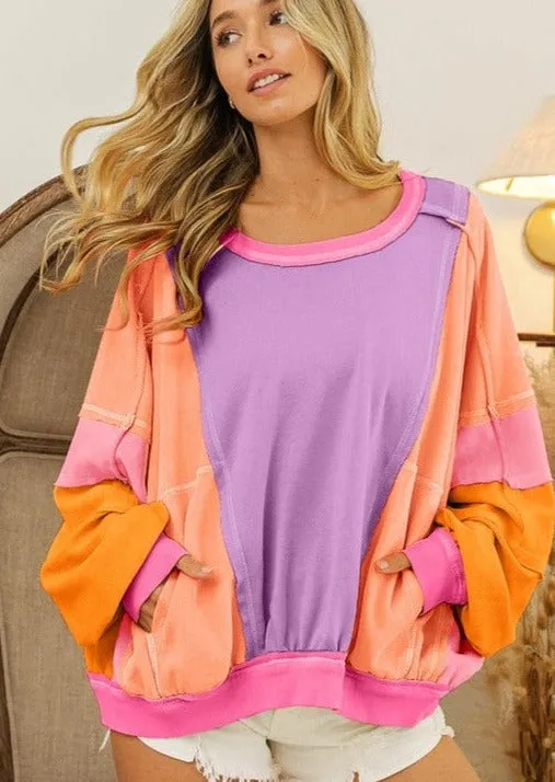 FINAL SALE - Lavender & Peach Oversized French Terry Pullover