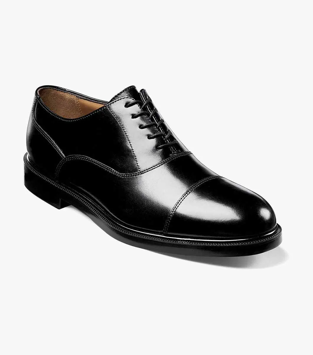 Florsheim Mens Dailey Cap Toe Lace Dress Shoe- Black Smooth Leather