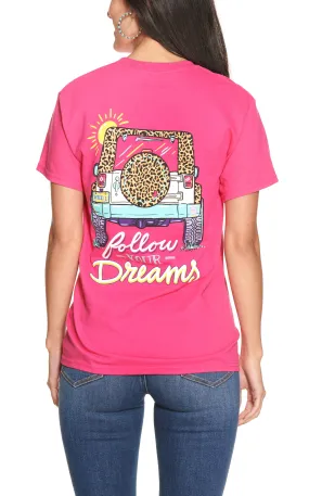 Girlie Girl Women's Hot Pink Follow Your Dreams Leopard Jeep Graphic Short Sleeve T-Shirt