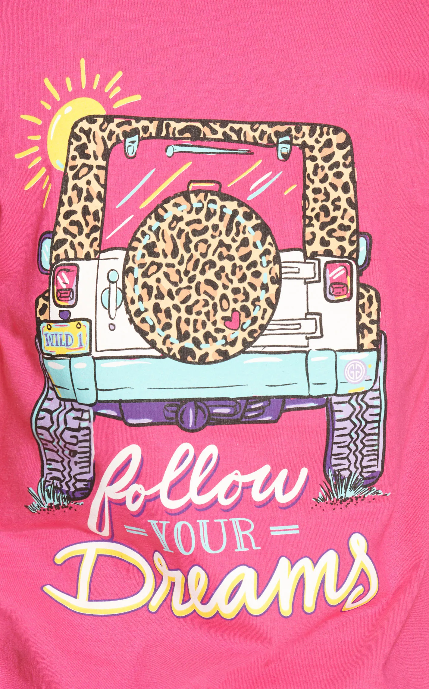 Girlie Girl Women's Hot Pink Follow Your Dreams Leopard Jeep Graphic Short Sleeve T-Shirt