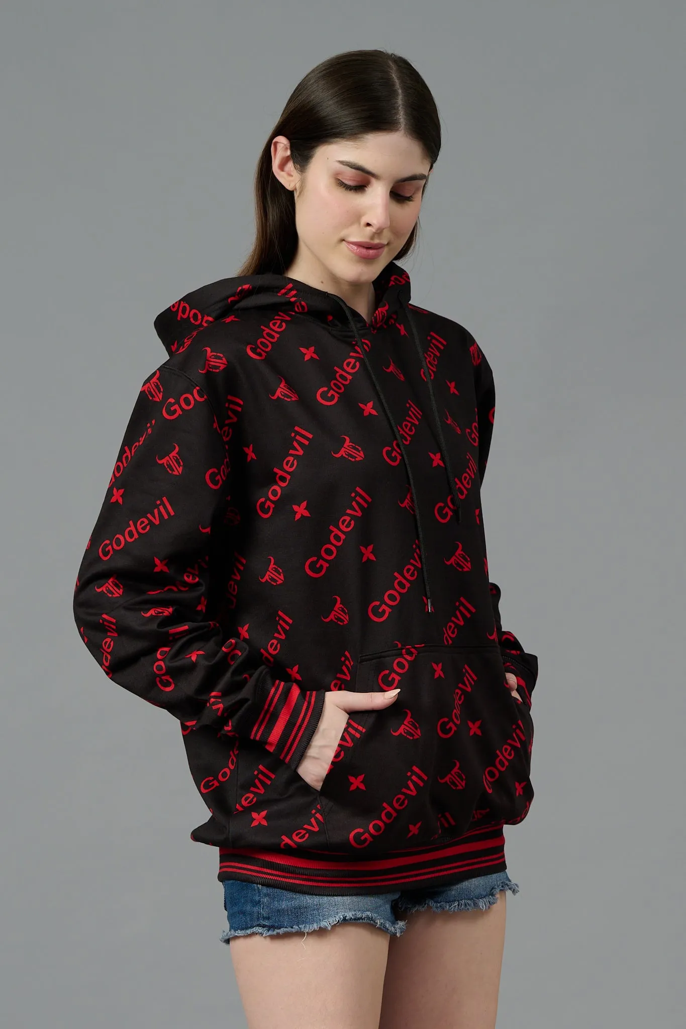 Go Devil All Over Print Red Black Hoodie for Women