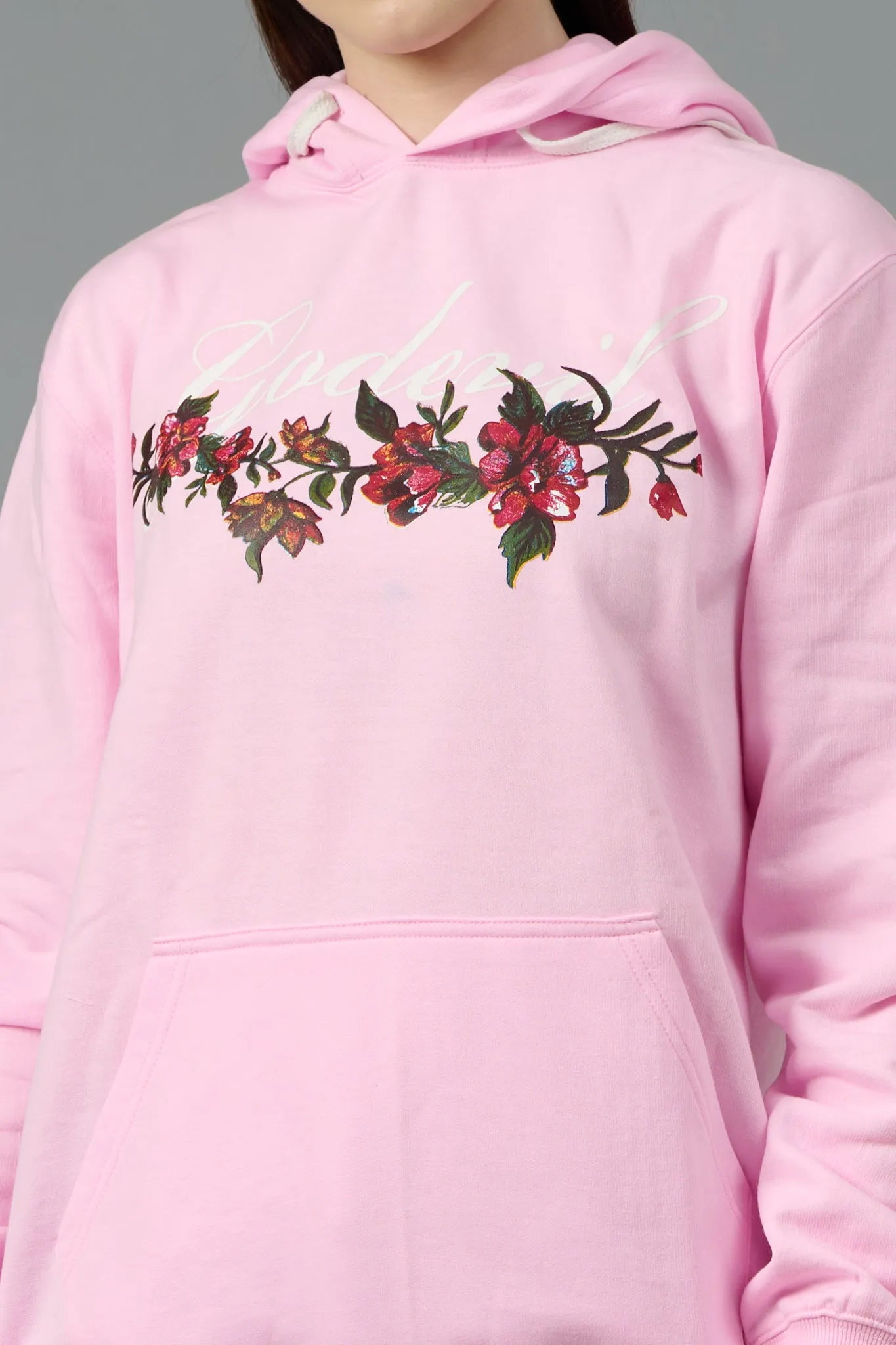 Go Devil with Flower Printed Pink Hoodie for Women