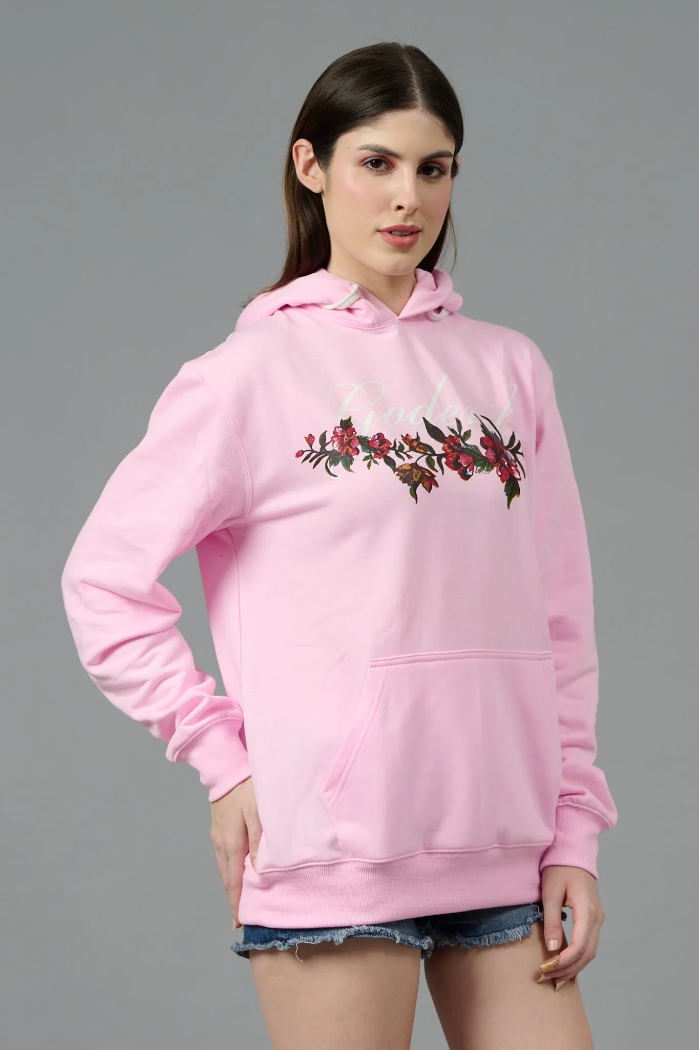 Go Devil with Flower Printed Pink Hoodie for Women