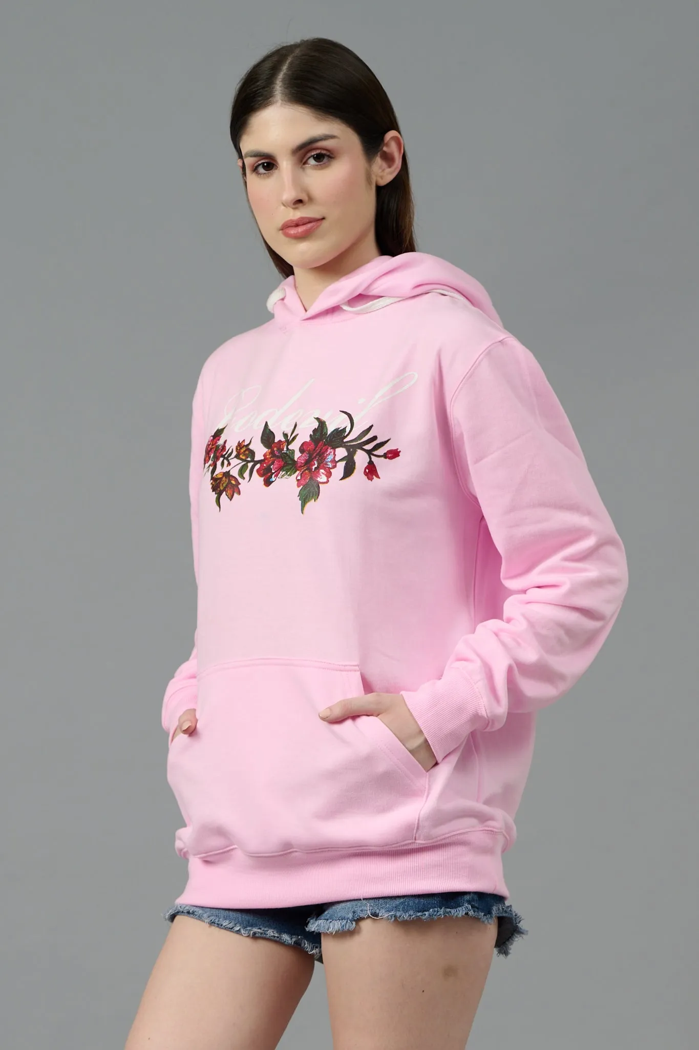 Go Devil with Flower Printed Pink Hoodie for Women