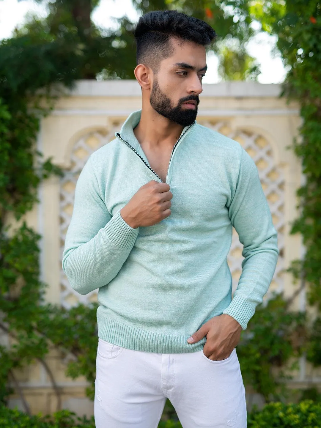 Green Color Classic Zipper Men's Sweater