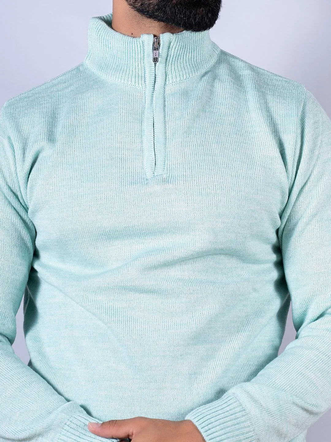 Green Color Classic Zipper Men's Sweater