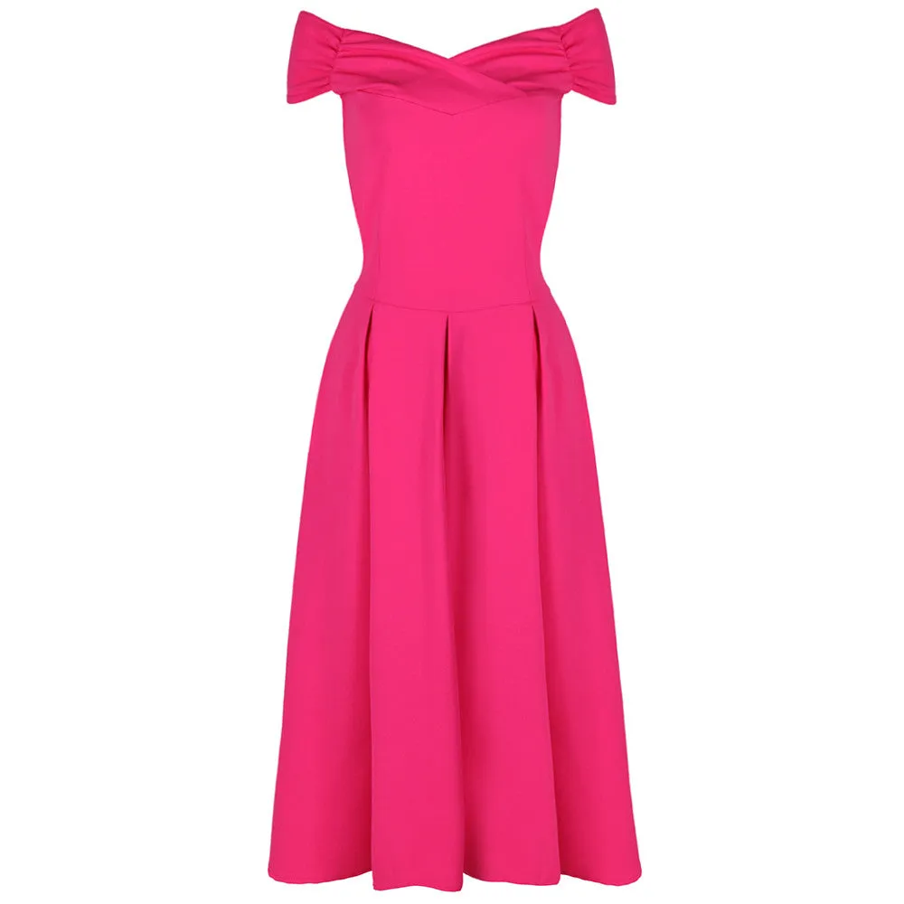 Hot Pink Crossover Bardot 50s Swing Dress