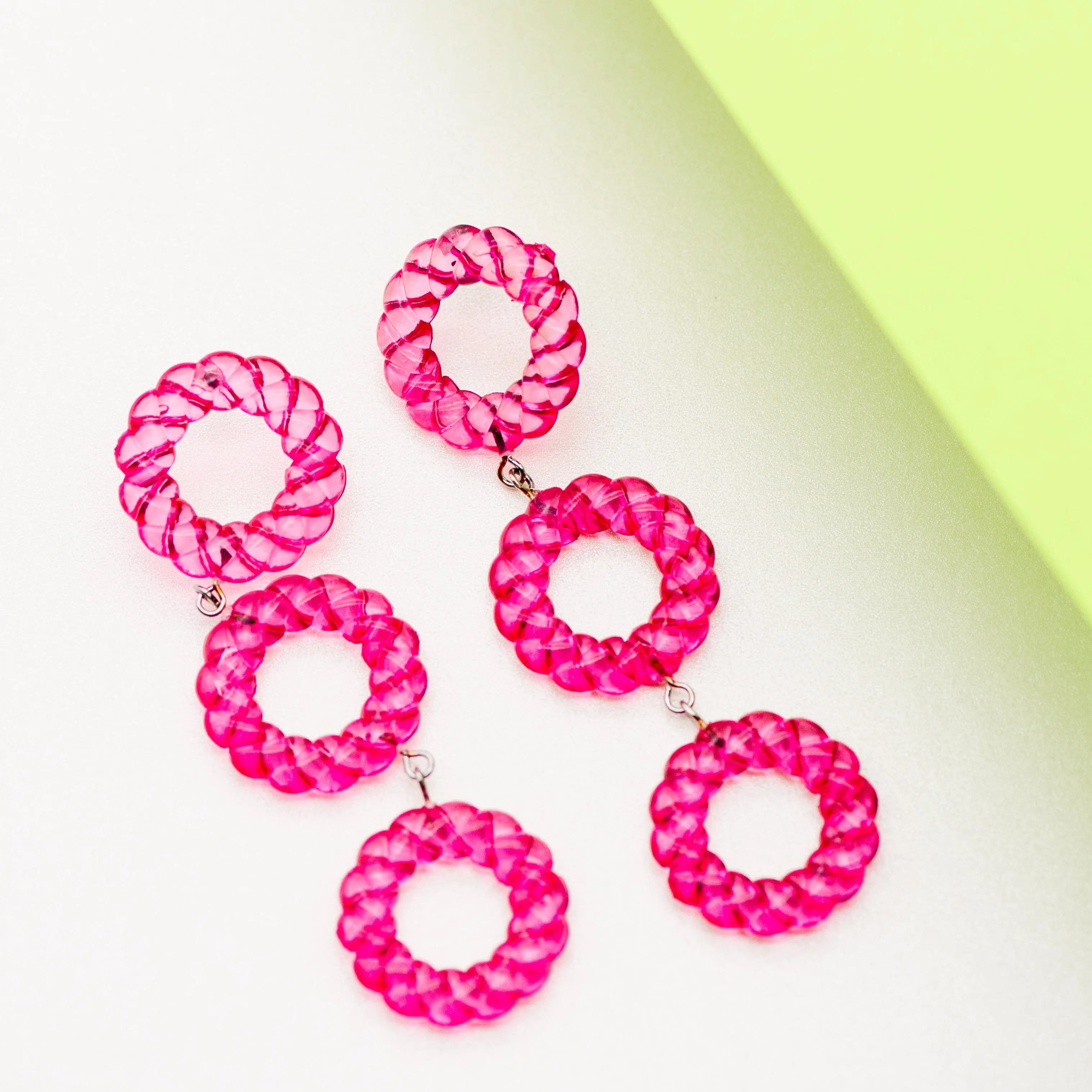 Hot Pink Twisted Tri Dot Donut Earrings