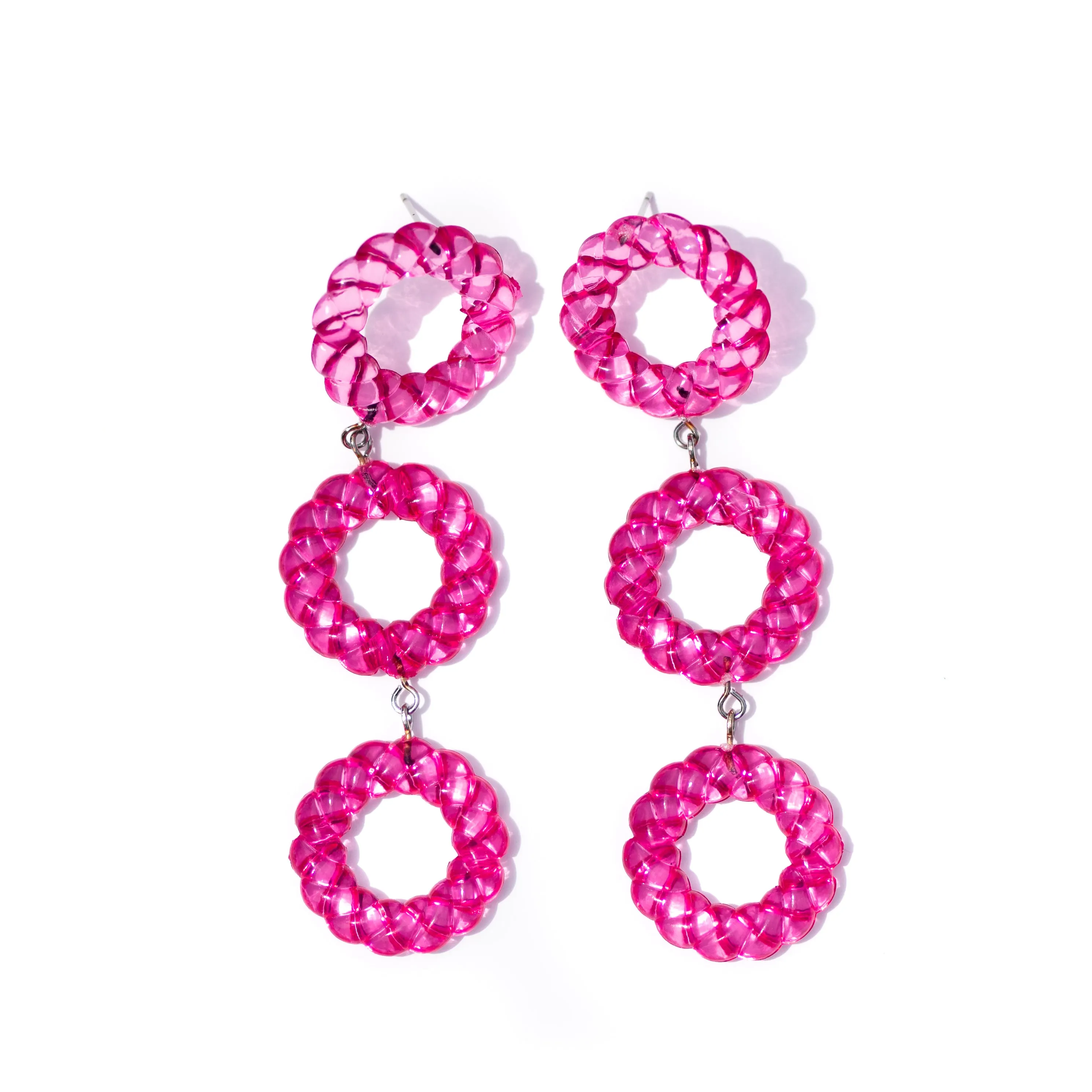 Hot Pink Twisted Tri Dot Donut Earrings