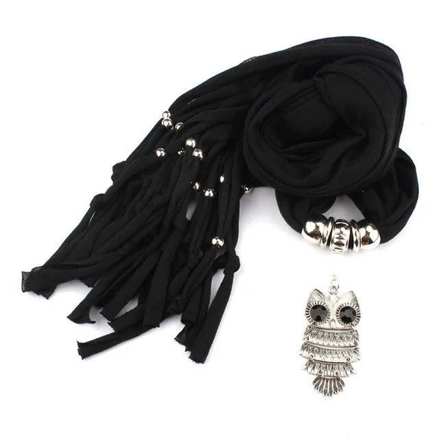 Hot Sale Scarves Women With Owl Pendant Necklace Tassels Women Scarf Comfortable Soft Fashion Chiffon Shawl Wrap Bufandas GS