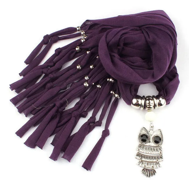 Hot Sale Scarves Women With Owl Pendant Necklace Tassels Women Scarf Comfortable Soft Fashion Chiffon Shawl Wrap Bufandas GS