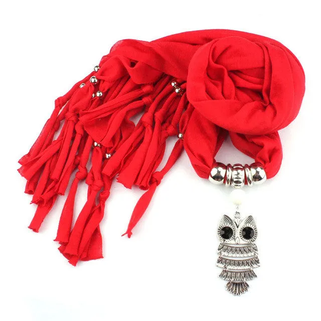 Hot Sale Scarves Women With Owl Pendant Necklace Tassels Women Scarf Comfortable Soft Fashion Chiffon Shawl Wrap Bufandas GS