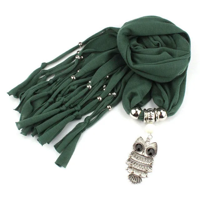 Hot Sale Scarves Women With Owl Pendant Necklace Tassels Women Scarf Comfortable Soft Fashion Chiffon Shawl Wrap Bufandas GS