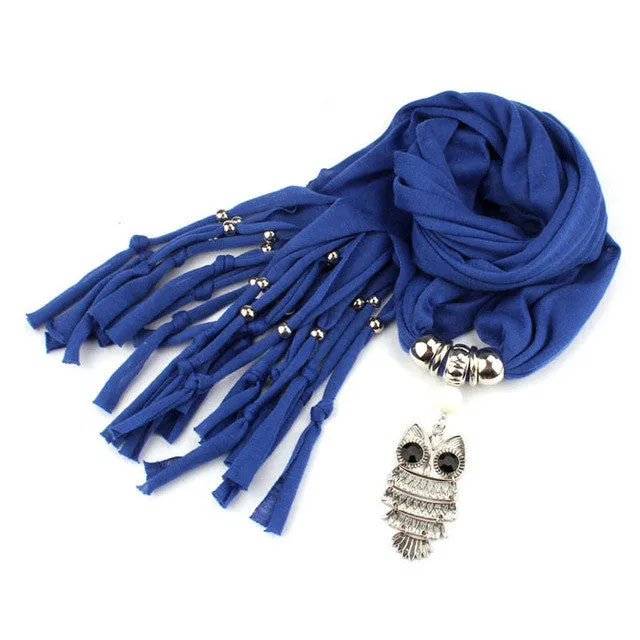 Hot Sale Scarves Women With Owl Pendant Necklace Tassels Women Scarf Comfortable Soft Fashion Chiffon Shawl Wrap Bufandas GS