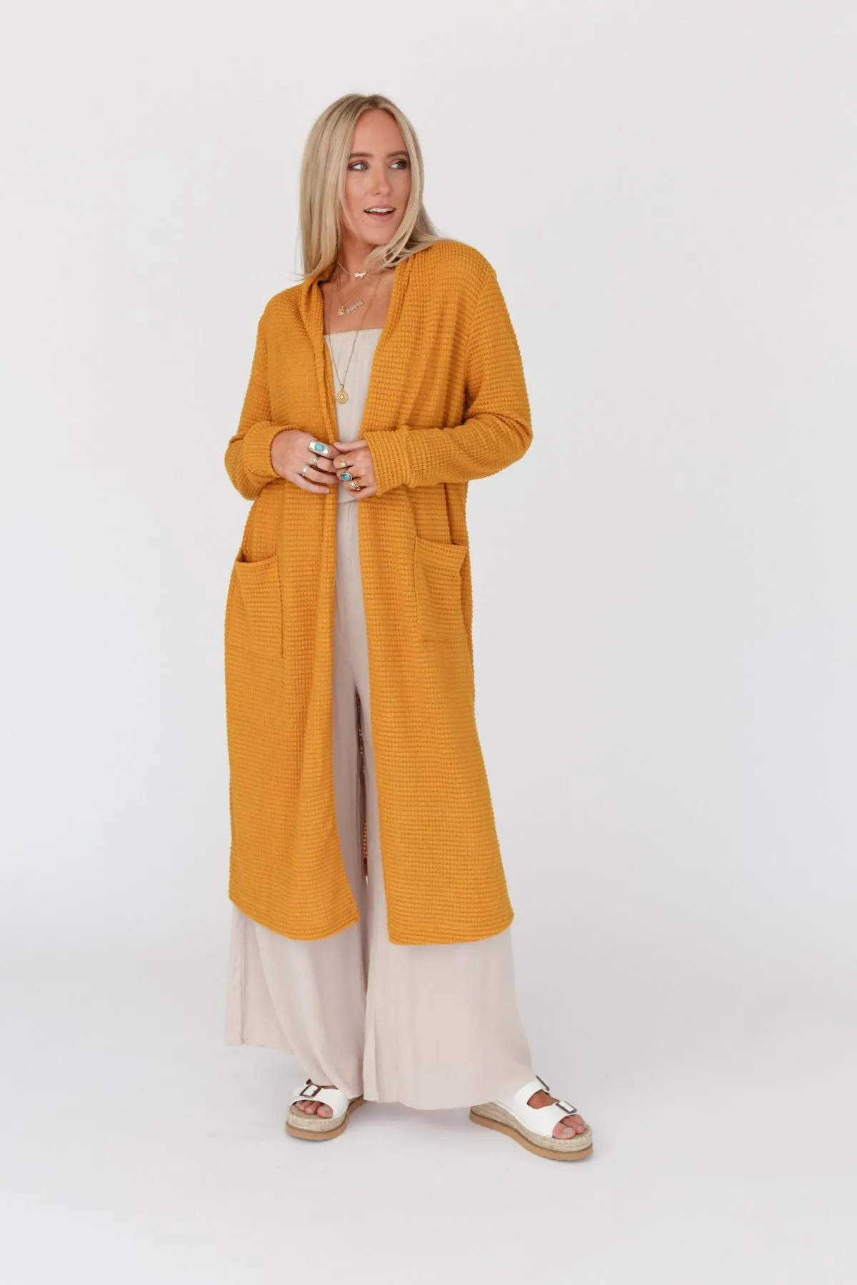 Jayde Waffle Knit Cardigan - Mustard