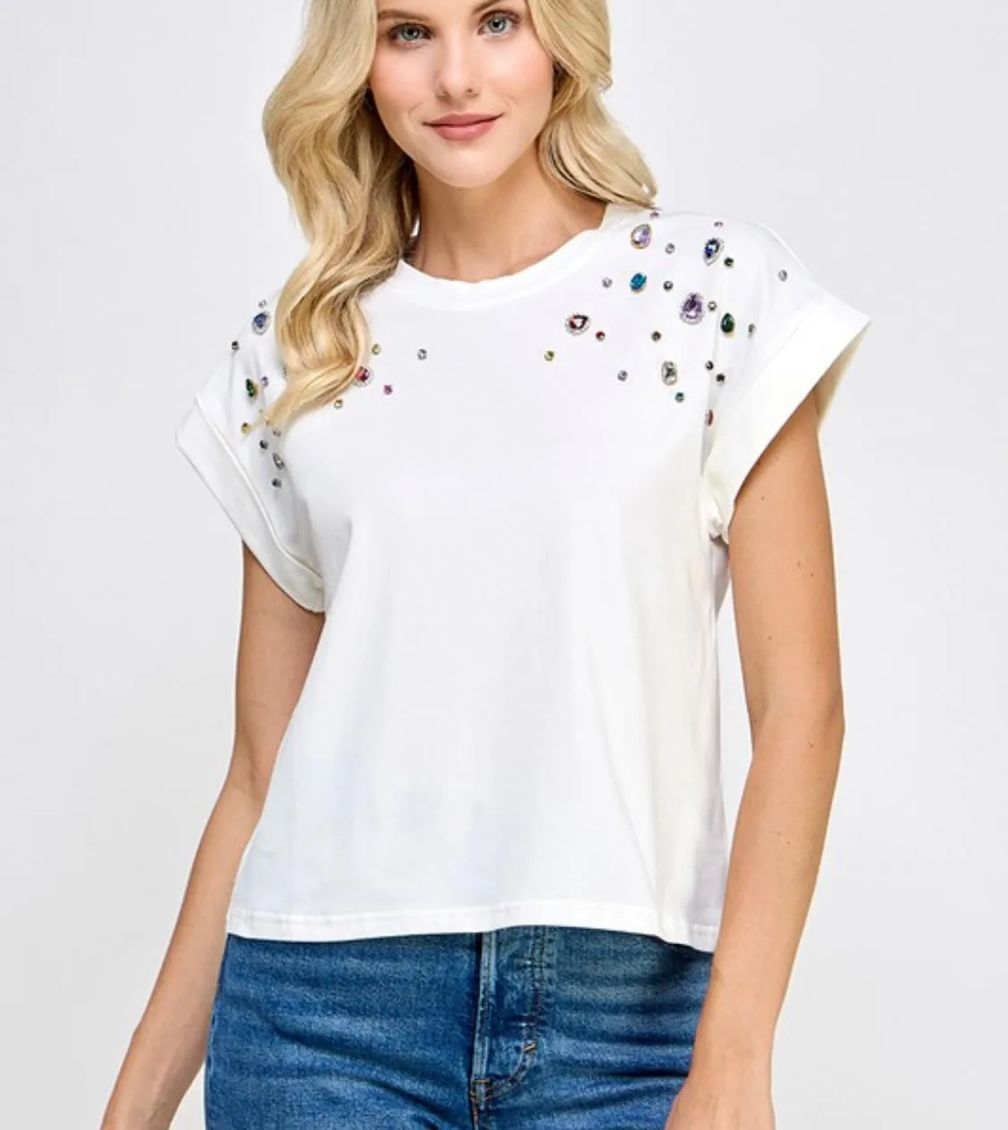 JJ3619 Rhinestones detail t-shirt