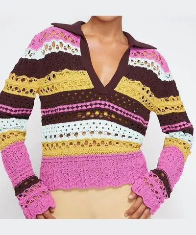 Jonathan Simkhai Roxana Macrame Mixed Media Pullover Top In Opera Pink Multi